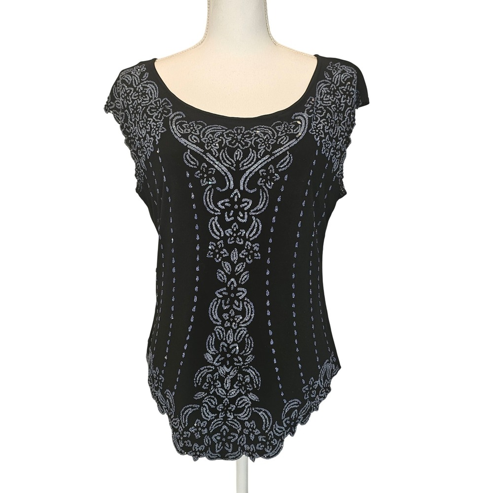 R & K Evening Beaded Black‎ Blue Fairy Witchy Whimsygoth Blouse Top Size Medium
